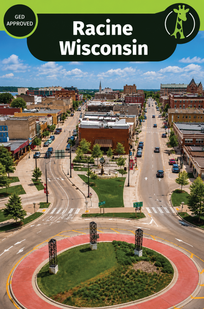 An aerial view of a downtown traffic circle with three tall decorative metal columns, brick storefronts along the streets radiating from it, and Lake Michigan on the horizon.