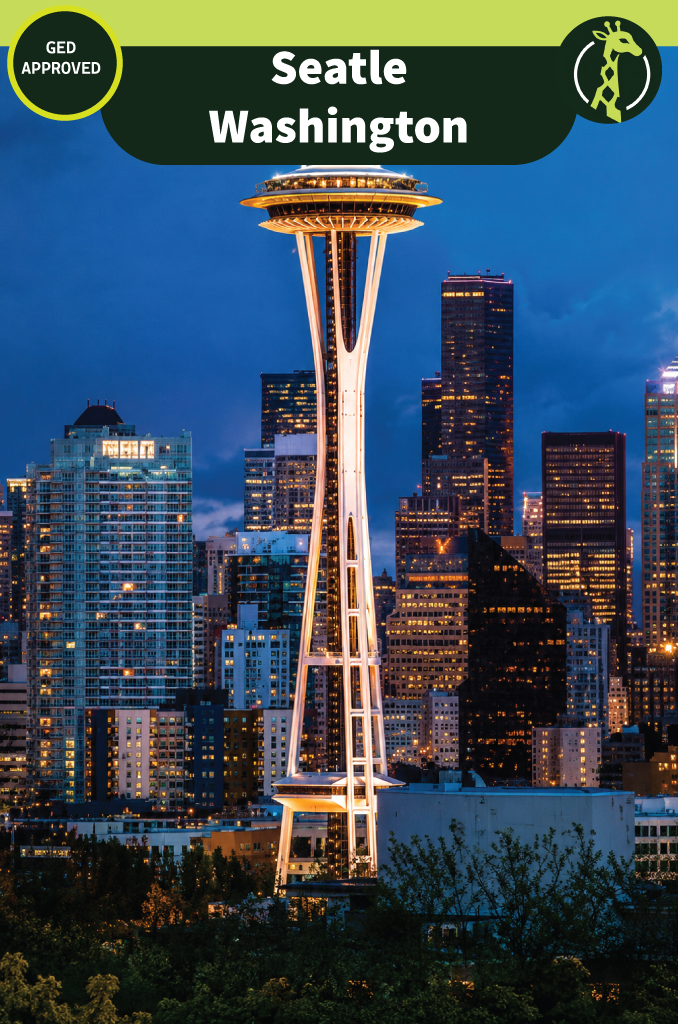 The Seattle skyline with the Space Needle and Mount Rainier behind it on a clear day.