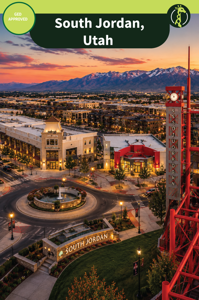 The Daybreak community and Oquirrh Lake in South Jordan, Utah, with the Oquirrh Mountains beyond.