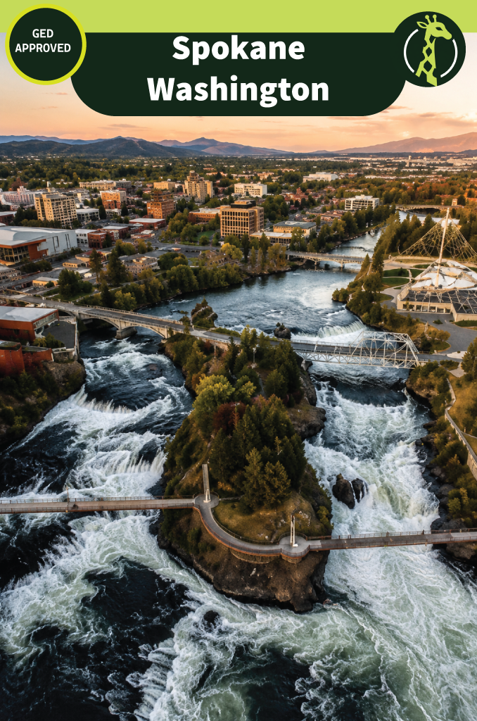 The Spokane Falls in Washington seen from above, with white water on both sides of a wooded island, footbridges crossing to it and the downtown skyline and mountains behind.