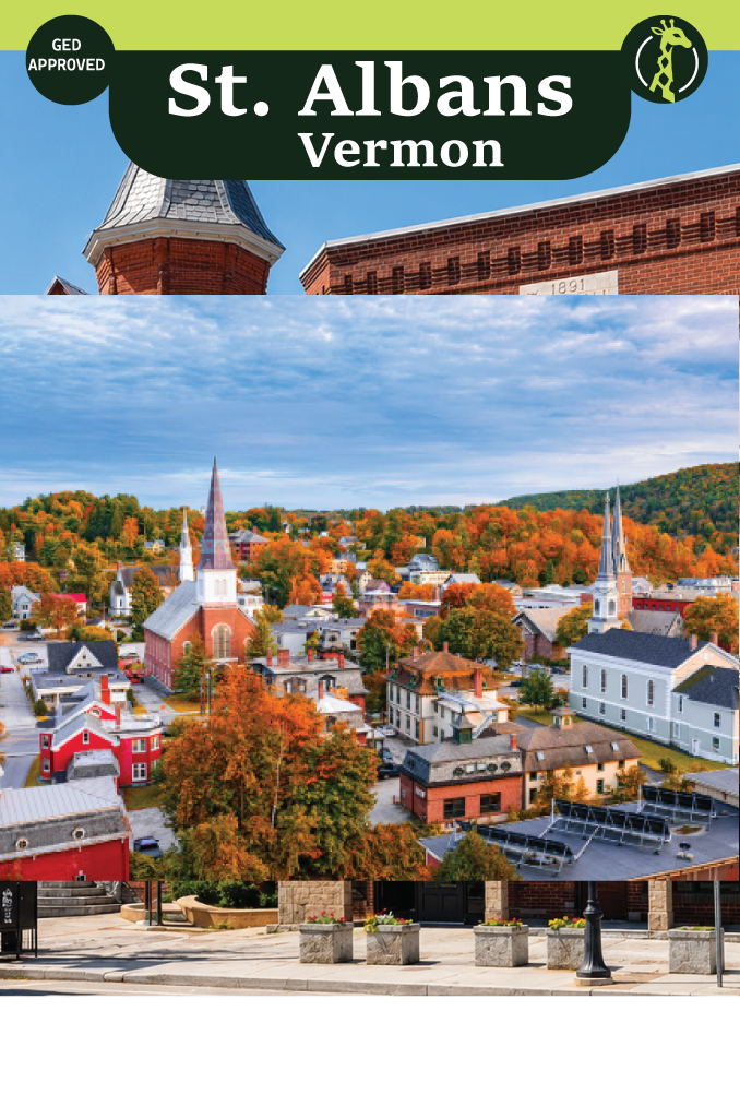 Taylor Park and the historic storefronts of downtown St. Albans, Vermont, in spring.
