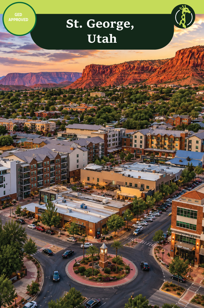 The red sandstone cliffs and desert skyline of St. George, Utah, under a clear sky.