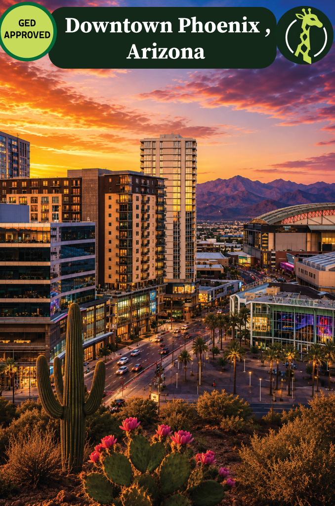 The Phoenix, Arizona skyline at dusk with desert mountains behind it.
