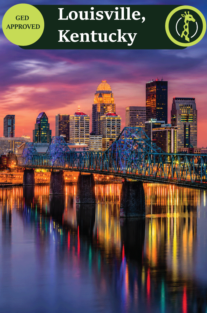 The Louisville, Kentucky skyline at dusk over the Ohio River.