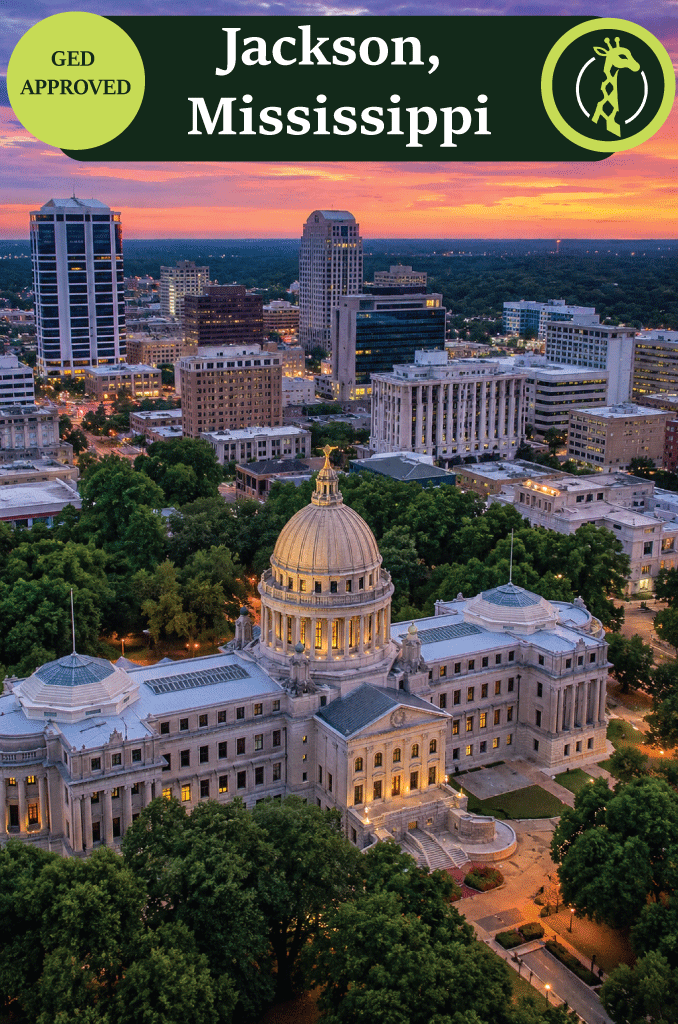 The Mississippi State Capitol in Jackson at dusk.