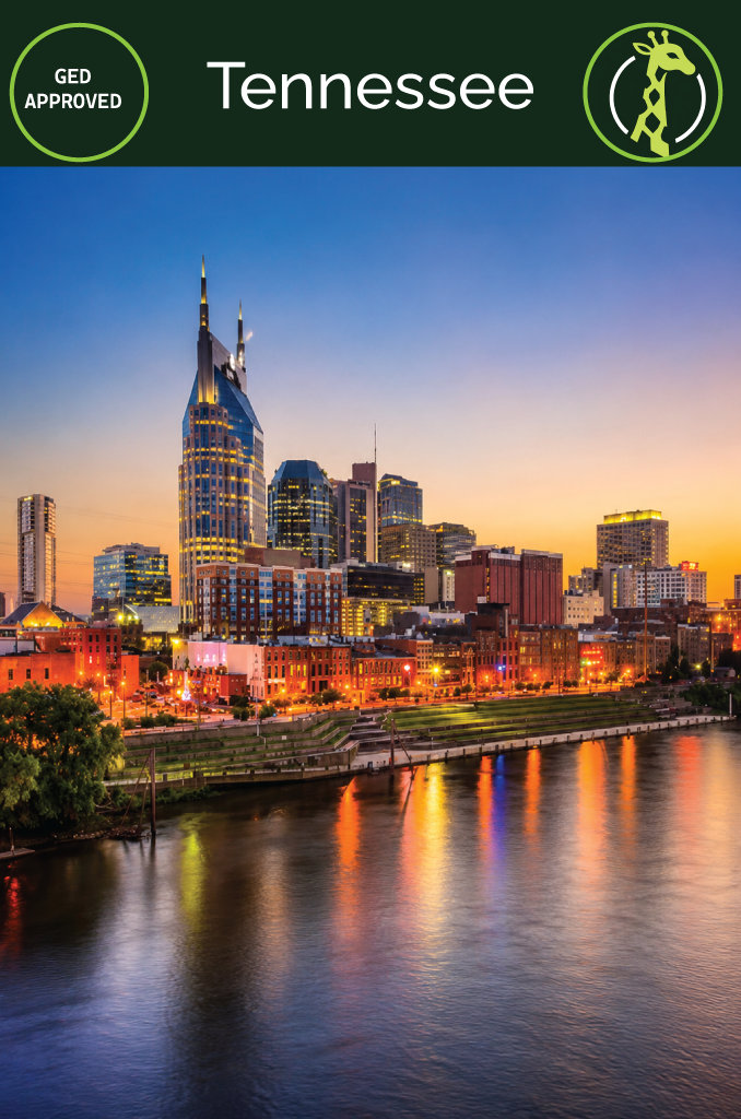 The Nashville, Tennessee skyline at dusk over the Cumberland River.