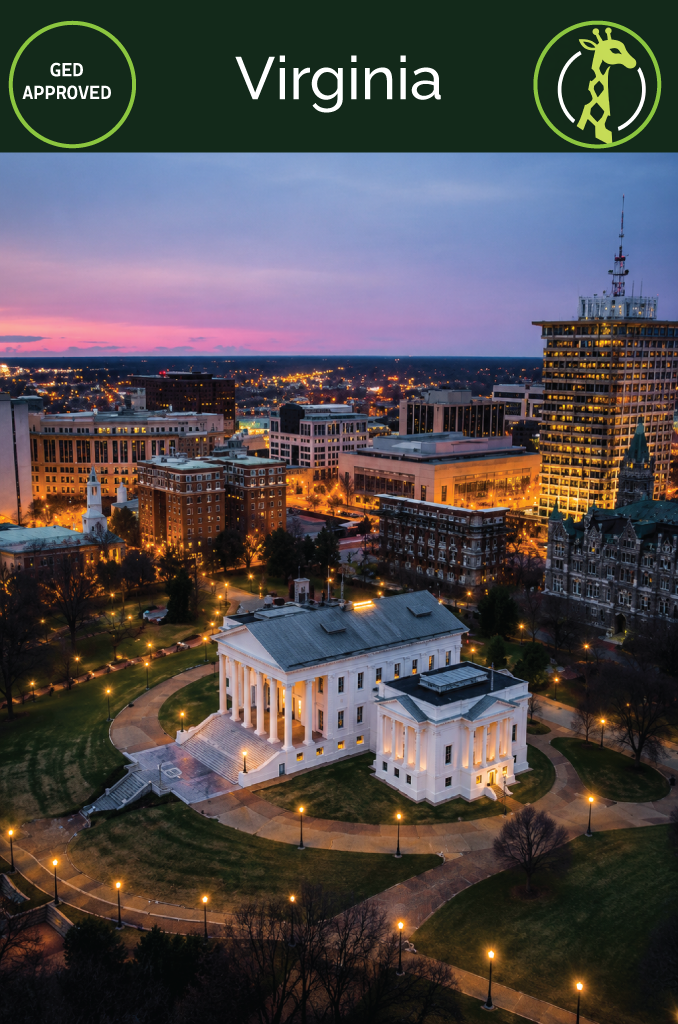 The Richmond, Virginia skyline at dusk over the James River.
