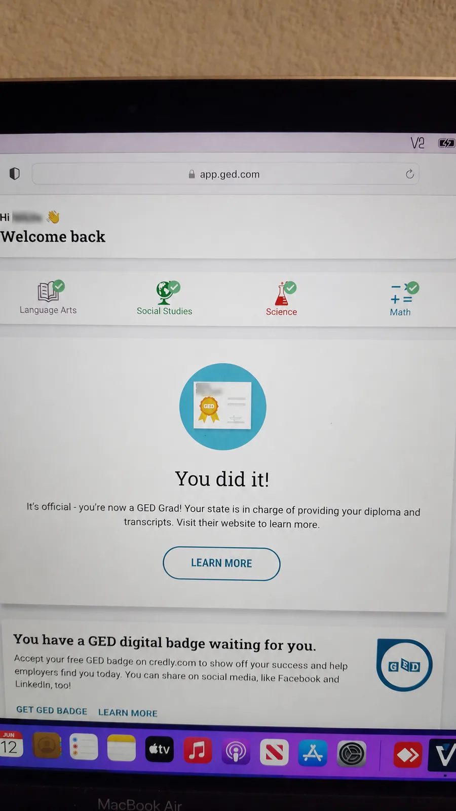 MyGED portal showing all four subjects passed and the official "You did it!" GED Grad confirmation.