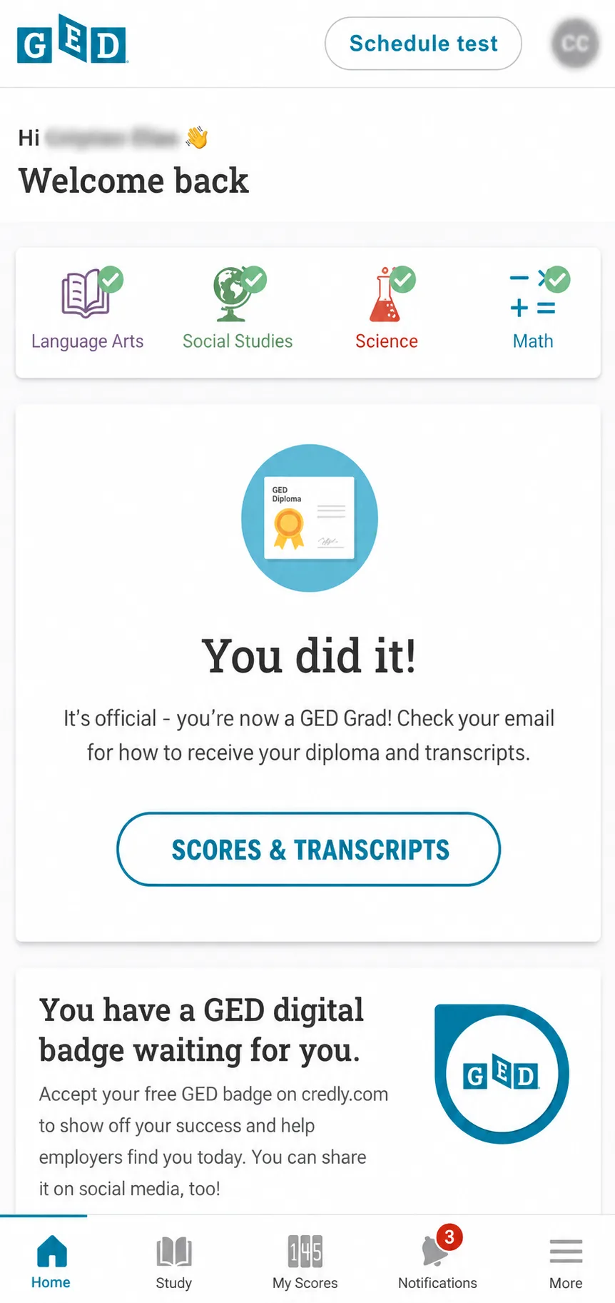 MyGED portal showing all four subjects checked off and the official "You did it!" GED Grad confirmation.