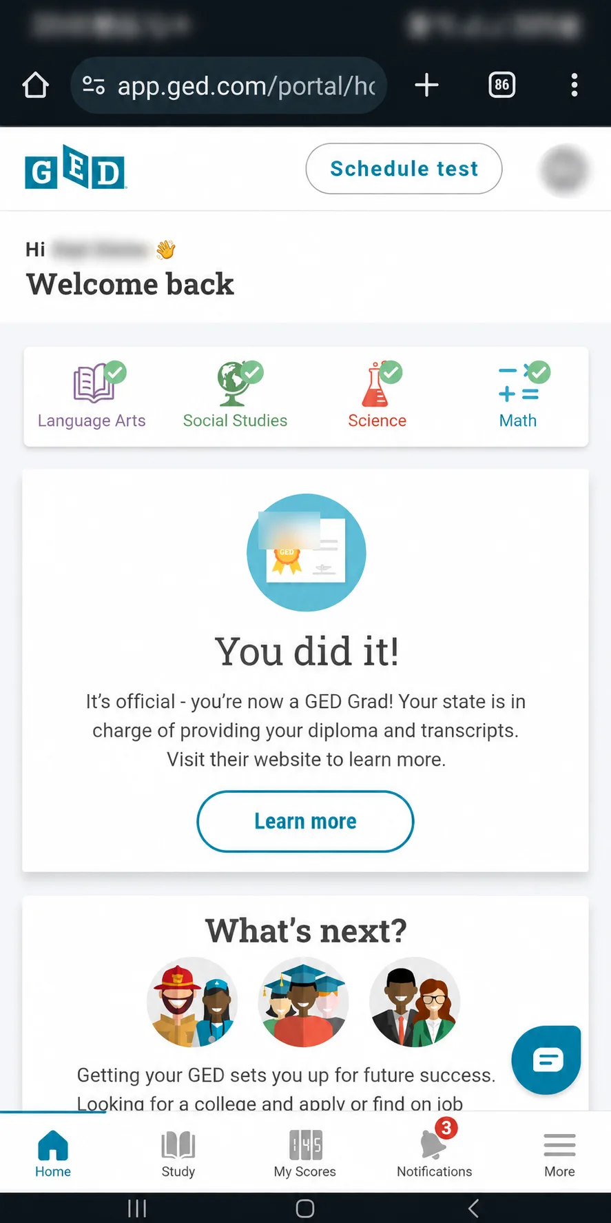 MyGED pass confirmations for Social Studies and Science — the Science result carries College Ready status, which can waive college placement testing — alongside the portal showing all four subjects passed.