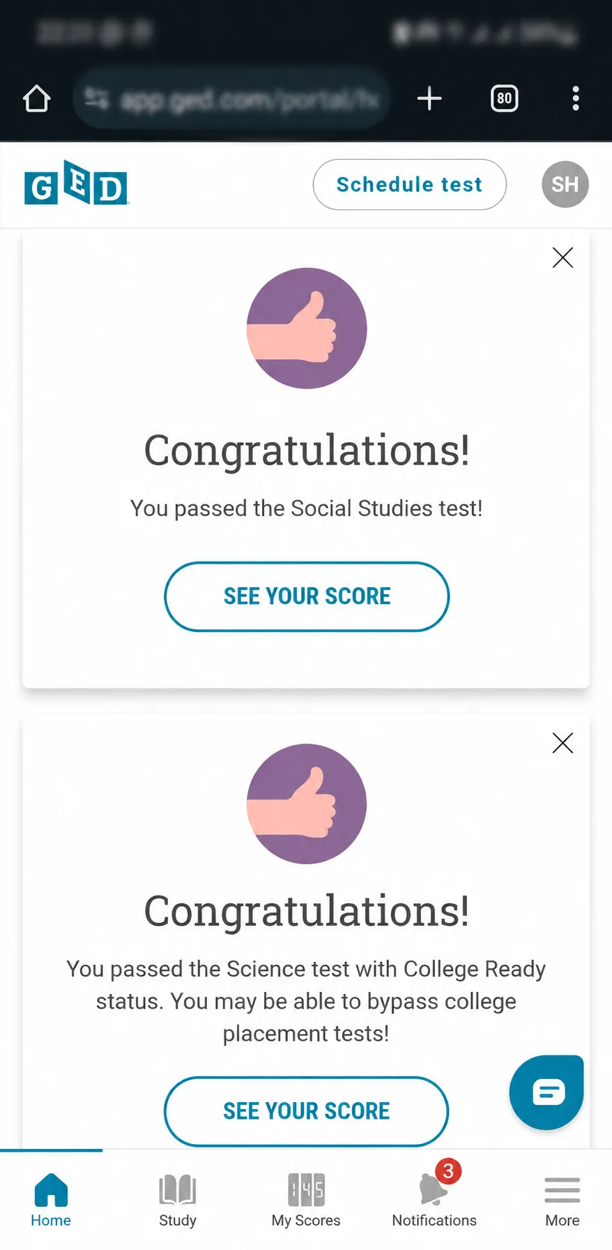 MyGED pass confirmations for Social Studies and Science — the Science result carries College Ready status, which can waive college placement testing — alongside the portal showing all four subjects passed.