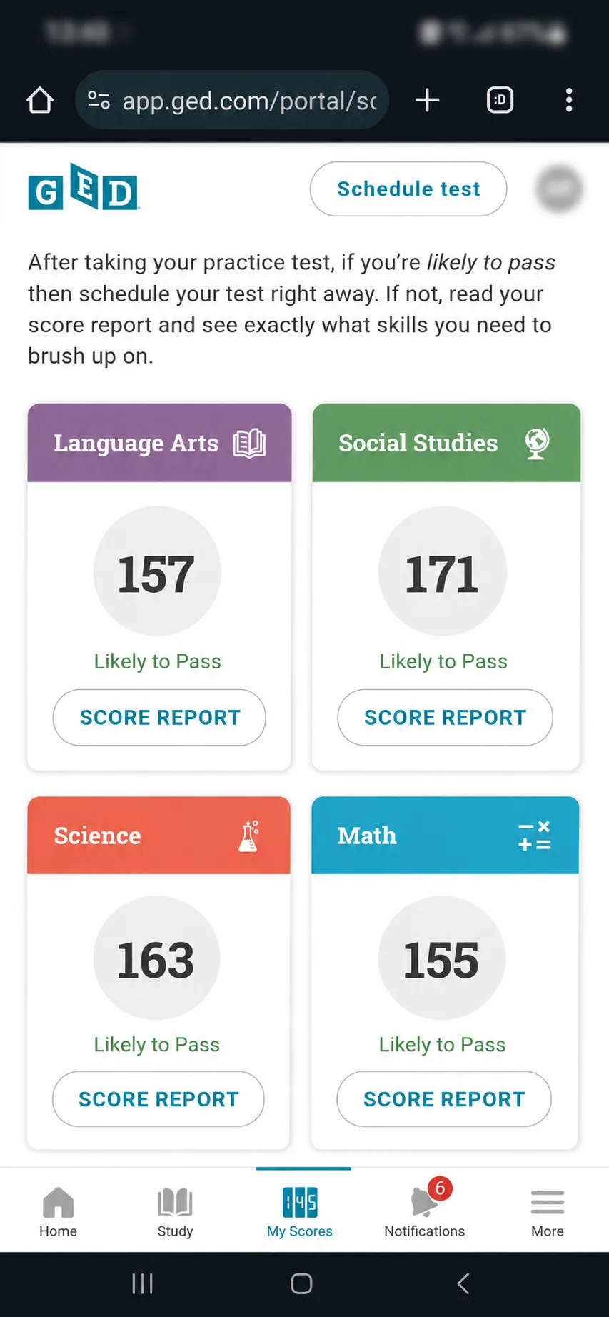 GED Ready practice score report: Language Arts 157, Social Studies 171, Science 163, Math 155 — every subject in the green "Likely to Pass" band.