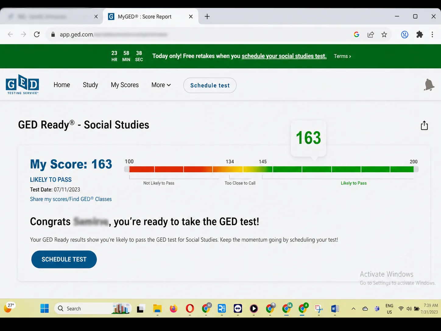 GED Ready practice score report: 163 in Social Studies, in the "Likely to Pass" band, tested 07/11/2023.